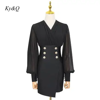 

Runway Designer Black Vintage Party Clothes 2020 Autumn Fashion Sexy V-neck Double-breasted Stitching Slim Mini Dress Women