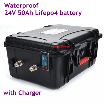 

Waterproof 24V 50Ah Lifepo4 battery 24V Lithium battery photovoltaic cell storage solar power motor with BMS 1500W + 10A Charger