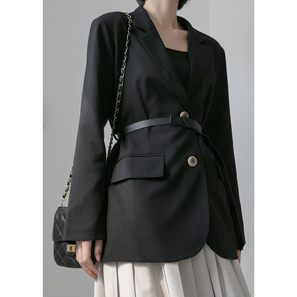 

2020 Season Simple Hong Kong Flavor Leisure Straight Cylinder Medium Length Matching Belt Long Sleeve Suit Female W110