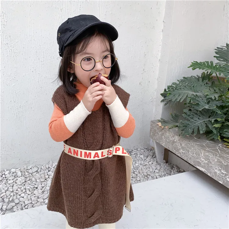 Осень года, корейский стиль, милая свободная шерстяная нить для вязания, платье-майка для девочек детский универсальный сарафан без рукавов