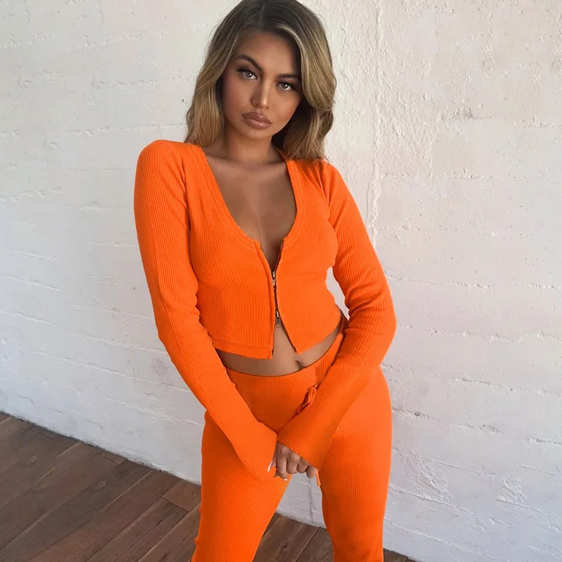 BOOFEENAA, сексуальный комплект из двух предметов, оранжевый вязаный укороченный Топ с длинным рукавом и штаны с разрезом, спортивный костюм, женские комплекты, C66-AF97