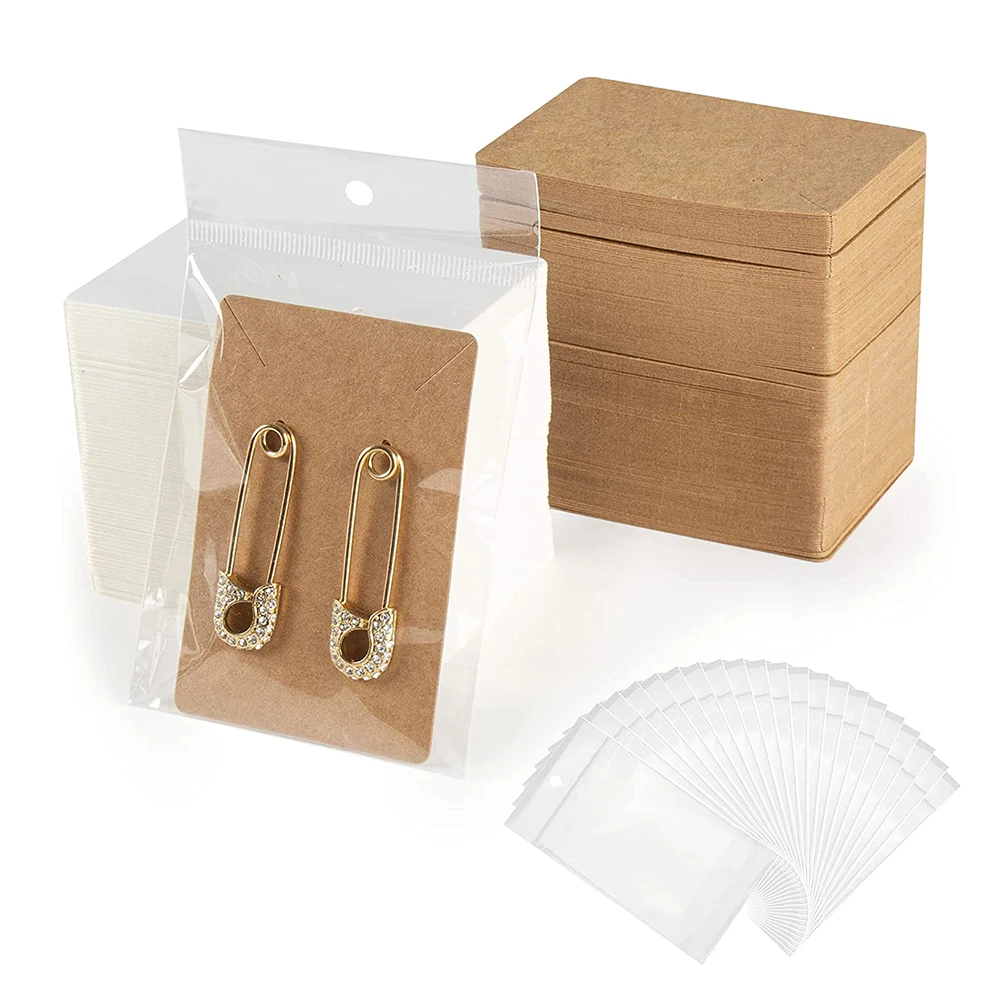 50set 6x9cm Kraft Paper Cards with Self Seal Opp Bags for Earring Necklace Display Cards Blank