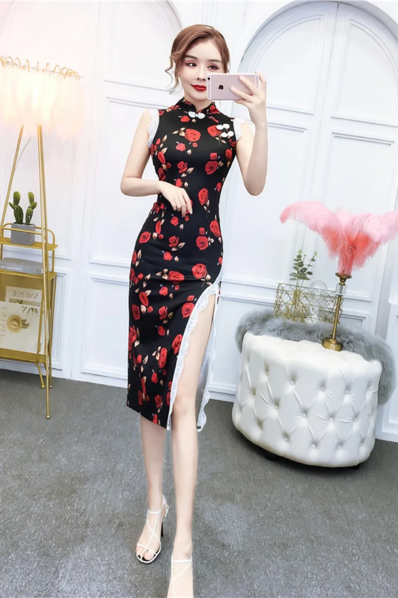 Китайское платье Элегантное атласное платье с цветочным принтом cheongsam без рукавов с высоким разрезом кружевное китайское классическое женское сексуальное qipao