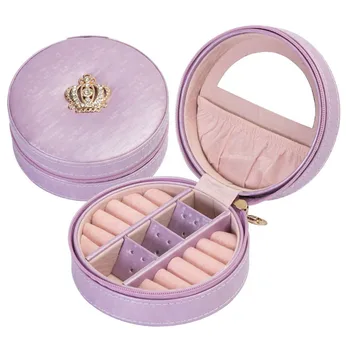 

Crown Design Rings With Mirror Display Organizer Solid Necklace Portable PU Leather Round Case Jewelry Box Earring Holder