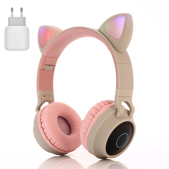 Детские Bluetooth 5,0 наушники светодиодный светильник кошачьи уши гарнитура беспроводные наушники HIFI стерео бас наушники для телефонов с микрофоном - Цвет: Gray charger