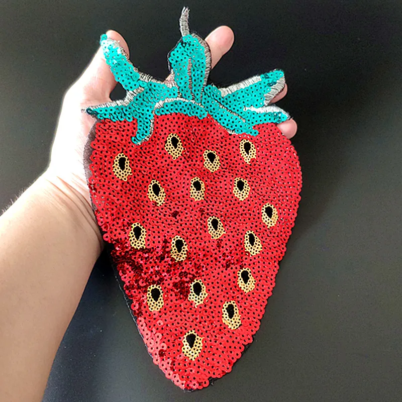 

25CM Strawberry Patches For Clothing Red Sequins Biker Badge Embroidery Fabric Patch Sequined Women Clothes Stickers Christmas