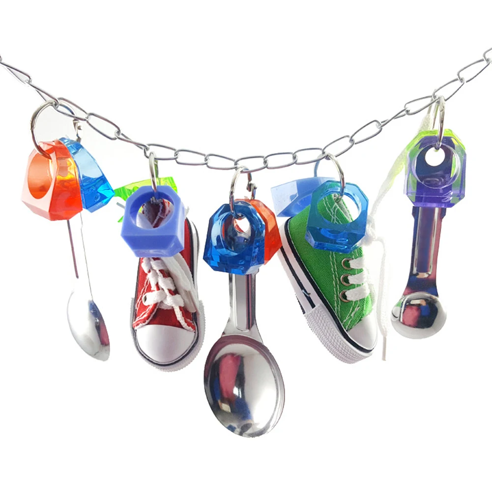 

Bird Cage Bells Cockatoo Pet Accessories Chew Toy Parrot Hanging Swing Colorful Cockatiel Cute With Metal Spoons Chewing Conure