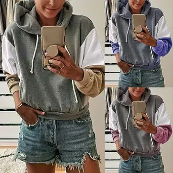

Sweatshirt Women Autumn Contrast Stitching Patchwork Long Sleeve Drawstring Outdoor Sports Hoodies Sweatshirt