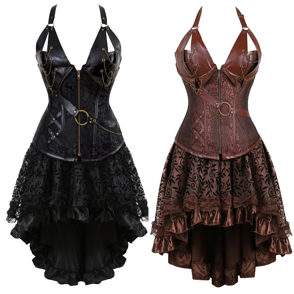 

Grebrafan Steampunk Neckholder Faux Leather Corset Bustier with Fluffy Pleated Layered Tutu Skirt Carnival Party Club Night