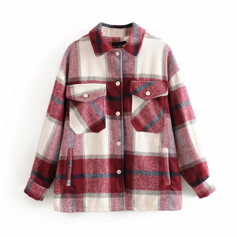 incredible  Plaid Overshirt Wool Blend Jacket Check Lapel Collar Long Sleeve Coat Women Oversized Pockets With 