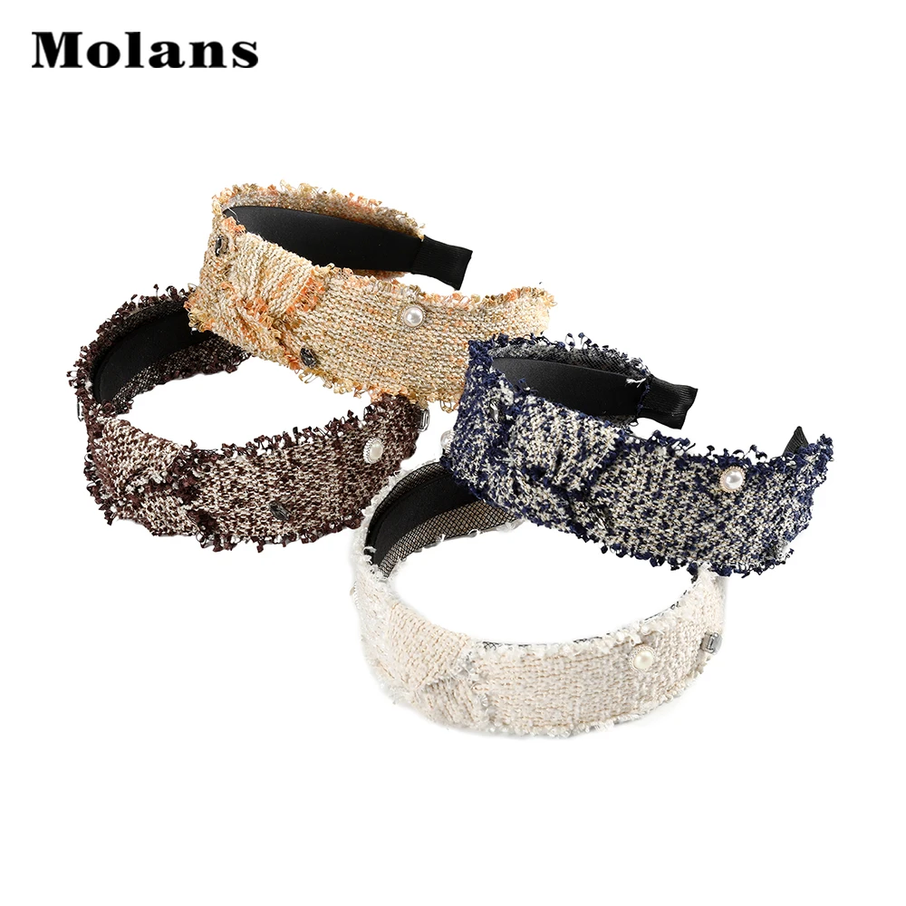 MOLANS жемчужная ткань широкий обруч для волос Мода Boho Стиль Вязаная повязка на голову женская элегантная головная повязка, аксессуары для волос Новинка