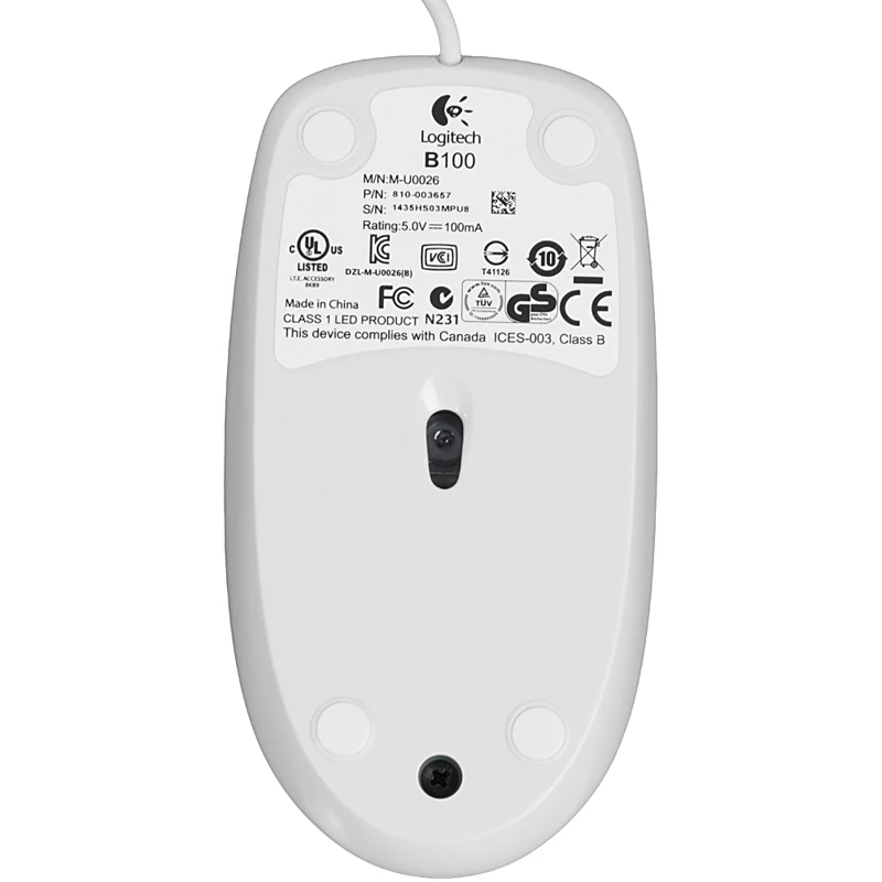Мышь LOGITECH B100, проводная, USB, белый