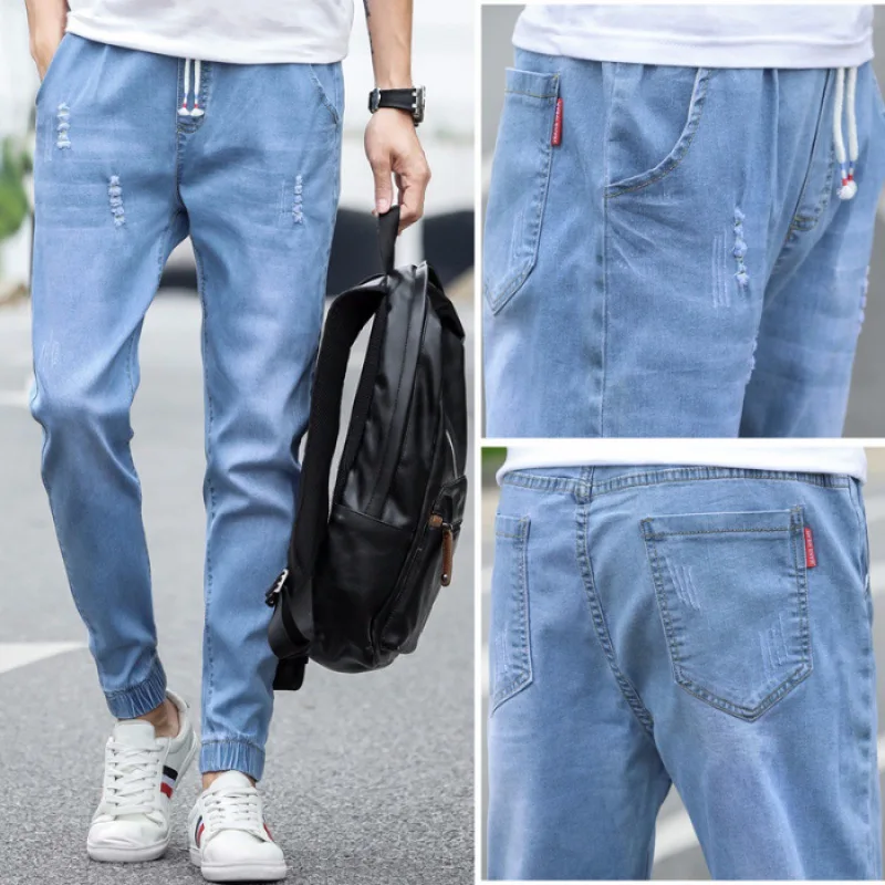 

Summer Thin Section with Holes Elastic Loose-Fit Jeans Men's Ankle Banded Pants