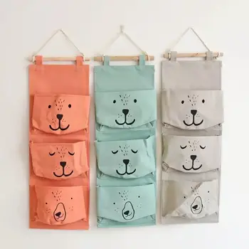 

1PC Nordic Animal Bear Kids Canvas Storage Bag 3 Pockets Children Bear Organizer Bag Canvas Storage Bag For Kids