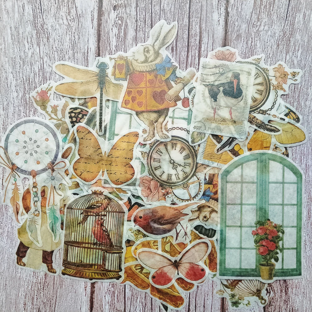 

60Pcs Retro Beautiful Color Butterfly Parrot Stamps Old Clock Cage Cute Mouse Sticker DIY Scrapbooking Label Diary Album Escolar