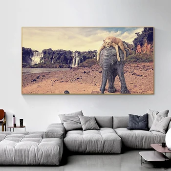

Africa Elephant And Lion Wild Animals Canvas Painting Scandinavia Posters and Prints Cuadros Wall Art Pictures For Living Room