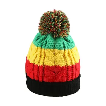 

Unisex Winter Braided Knit Pompom Beanie Cap Rainbow Stripes Crochet Skull Hat