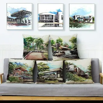

Hand-painted Design Country House Print Pillow Cushion Covers Linen Pillow Case