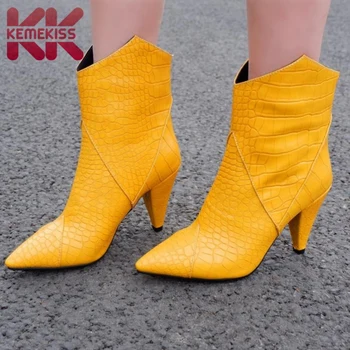 

KemeKiss Women Ankle Boots Sexy Pointed Toe High Heel Winter Shoes Woman Warm Stone Print Office Lady Footwear Size 34-43