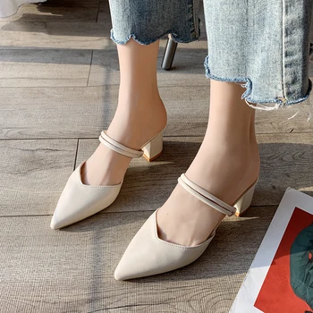 

Beige Green Closed Toe Slippers Sandals Women Pointed Toe Mules Shoes Women Summer Outdoor Fashion Thick Heel Slippers 2020