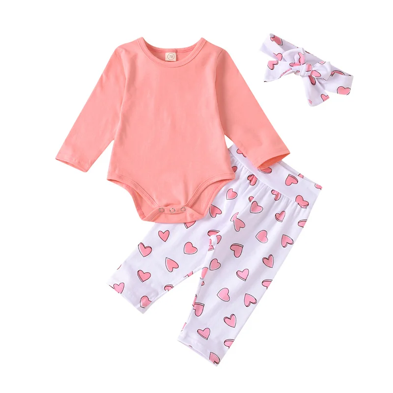 3 Pieces Baby Suit Round Neck Solid Long Sleeve Romper+heart Print Trousers+ Headband baby Sets |