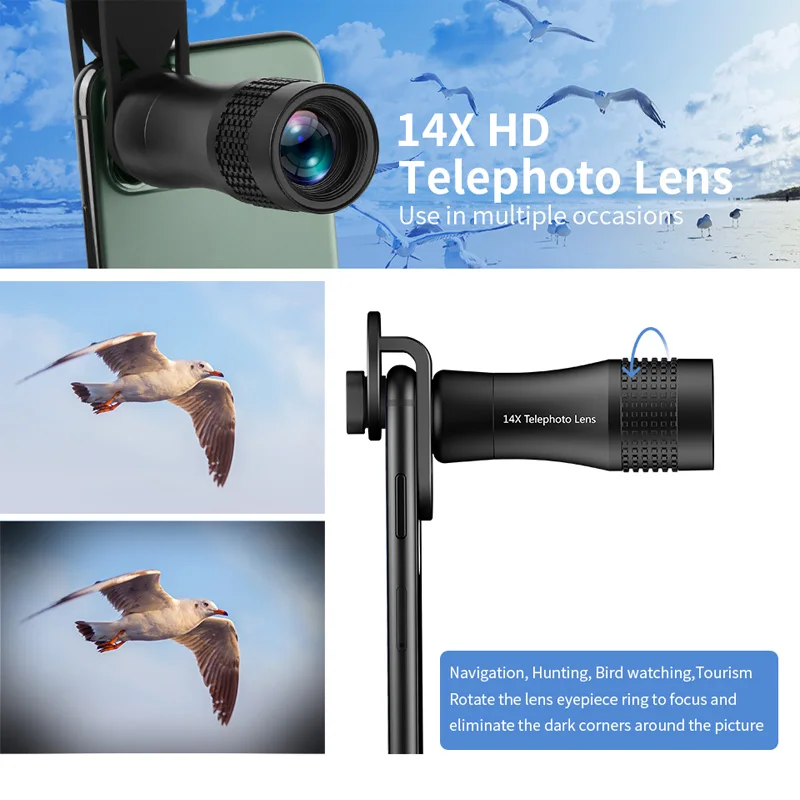 KUULAA Universal 14X Monocular Zoom HD Optical Cell Phone Lens Observing Survey telephoto lens for iPhone 11 Pro Smartphone