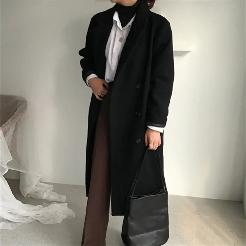 Новое Женское Длинное свободное повседневное шерстяное пальто осенне-зимнее модное утолщенное тонкое однотонное пальто для похудения Куртка большая