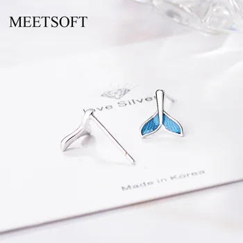 

MEETSOFT 925 Sterling Silver Prevent Allergy Stud Earrings for Women Design Trendy Small Blue Tail Jewelry Gift