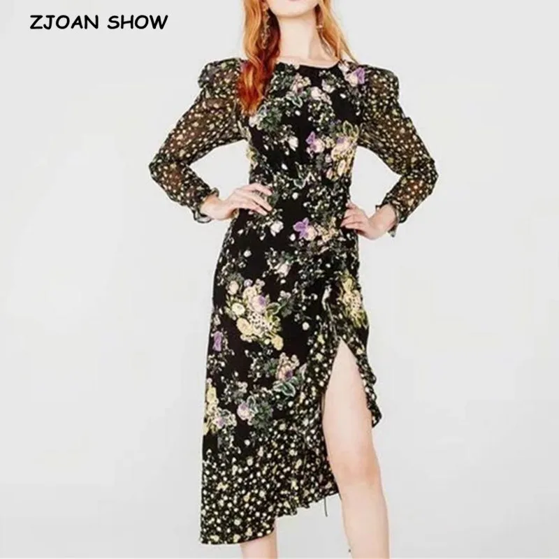 2020 Spring Women Ruched Asymmetrical Hem Floral Print Tie Bow Backless Long sleeve Dress Vintage Dresses Femme Vestidos | Женская