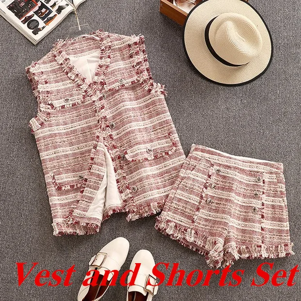 Vest and Shorts Set Топ класс женские шорты с кисточками твидовый комплект Осень Красный Клетчатый пуговица бахромой твидовый жилет куртка+ шерстяные короткие штаны комплект из 2 предметов - Цвет: Vest and Shorts Set