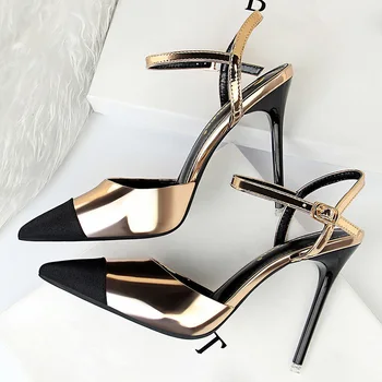

2020 Fashion Sexy Women 10.5cm High Heels Stiletto Silver Sandals Cap Toe Wedding Prom Strap Fetish Shoes Scarpins Gold Sandals