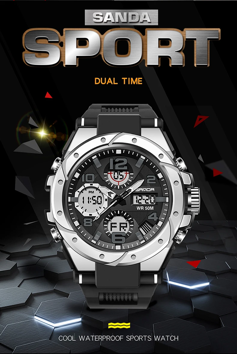 SANDA Top Sports Men's Watches Military Quartz Dual Display Watch Men Waterproof S Shock Timing Male Clock relogio masculino