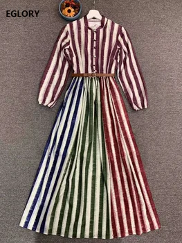 

Striped Long Dress 2021 Spring Summer Casual Party Women Vintage Button Front Belt Deco Long Sleeve Elegant Maxi Dress Wear Club