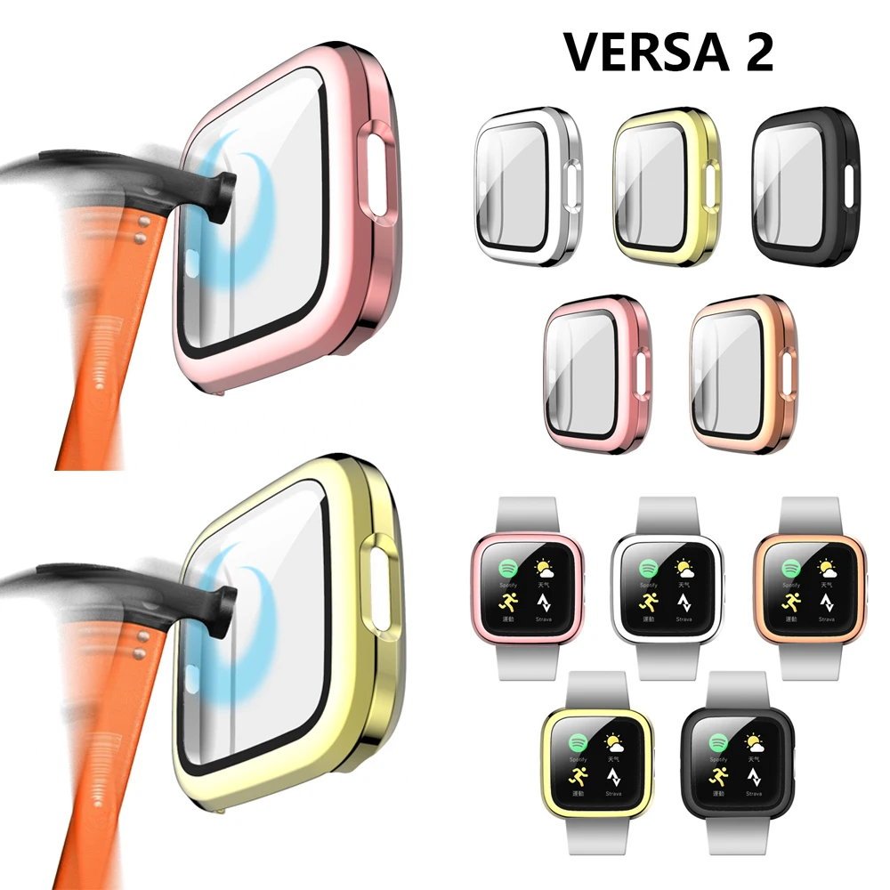 Full Cover Plating PC Case with 9H Hard Tempered Glass Screen Protector Smart Watch Accessories for Fitbit Versa 2 | Наручные часы