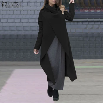 

ZANZEA 2019 Fashion Women's Jackets High Collar Asymmetrical Hem Coats Long Sleeve Plus Size Long Outwear Female Overcoats 5XL