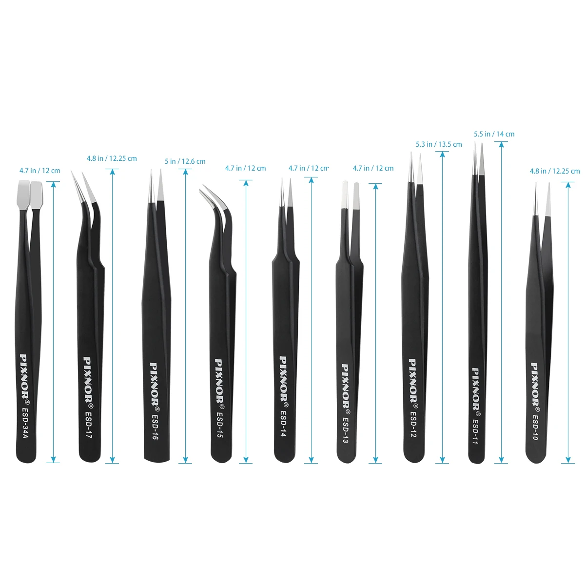PIXNOR 9pcs Premium Anti-static ESD Stainless Steel Tweezers Set with Case for Electronics /Laboratory Work / Hobbies