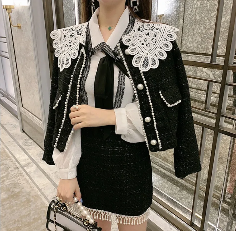 

New Fall and Winter Fashion Lace Stitching Pearl Beads Small Fragrance Short Wool Coat + Tweed Skirt Two-piece Lady Skirt Suits