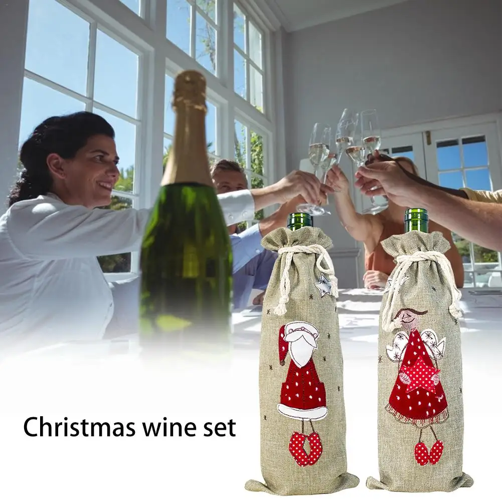 Рождественские украшения для дома, вышивка из мешковины, ангел, старый человек, крышка для бутылки вина, набор, Рождественский Подарочный мешок, новогодний мешок Санта-Клауса
