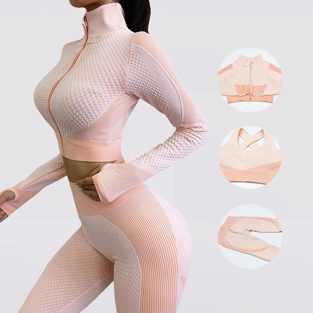 Conjunto de chándal de Yoga sin costuras con cremallera de manga larga para mujer, leggins de deporte para gimnasio, ropa de Fitness, ropa de entrenamiento para mujer