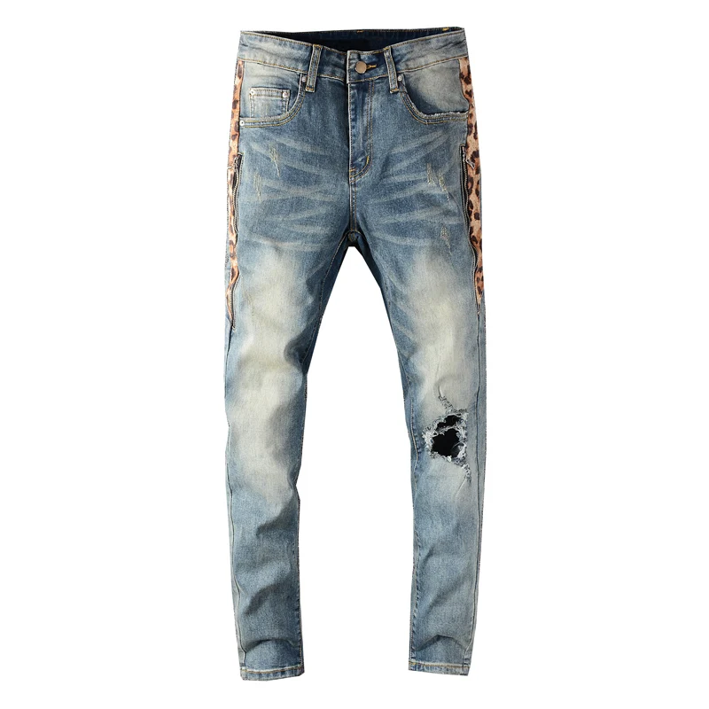 

2020 New Streetwear Men Jeans Retro Blue Slim Fit Destroyed Ripped Jeans Men Patchwork Designer Hip Hop Jeans Men Biker Pants