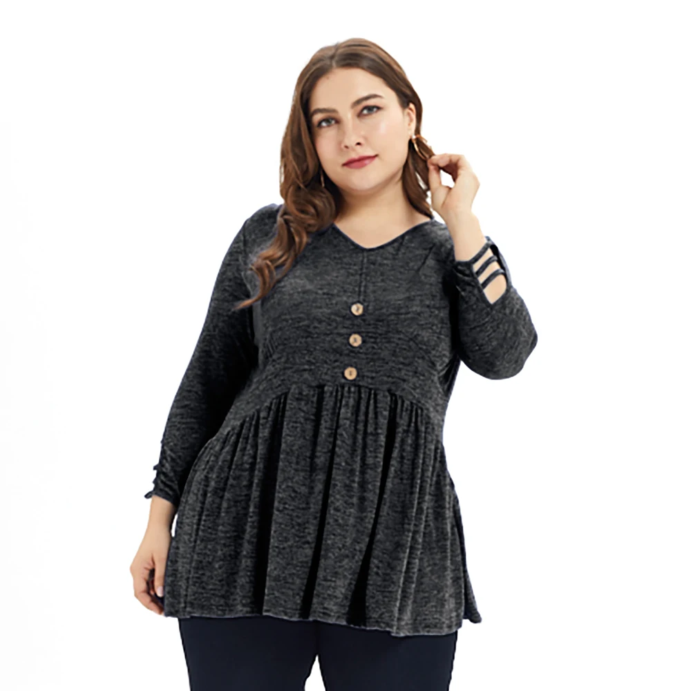 5XL размера плюс, женские топы, плиссированная футболка с длинным рукавом, Женская Повседневная футболка на пуговицах с v-образным вырезом, осенняя женская уличная одежда D30