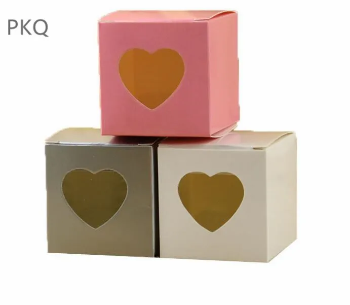 

50pcs/lot 5*5*5cm Small Candy Box With Heart Window Pink Square Paper Box White Gift Boxes For Cookies Party Favor Boxes