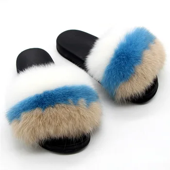 

Summer New Sexy Fox Fur Slides Women's Fashion Home Flat Striped Plush Flip-flop Female Light EVA Non-slip Indoor Slippers