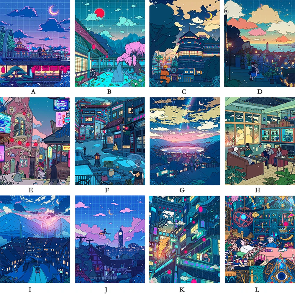 Canvas Wall Art Cartoon View Street Prints Poster Home Decoration Night Tree Manga Cute Painting For Bedroom Modular Pictures