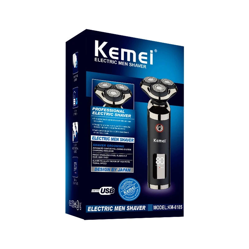 Kemei USB Rechargeable Shaver Beard Razor Washable Triple Blade 3D Floating Electric Shaving Razors LCD Men Face Beard Trimmer - Цвет: Черный
