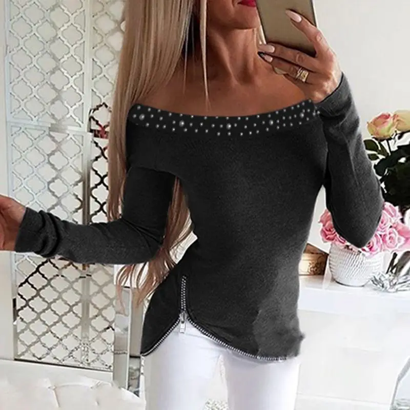 VONDA, женская блузка с открытыми плечами, топы, осень, Повседневный, длинный рукав, на молнии, тонкий пуловер, женские вечерние рубашки размера плюс, блуза