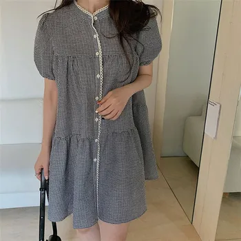 

chic plaid single breasted short sleeve plaid dress mori girl