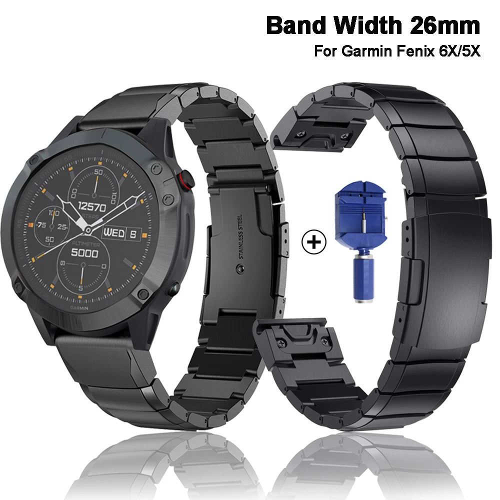 

26mm High Quality luxury black Stainless Steel Strap for Garmin Fenix 6X 5X Plus +1 Watch Tools Remover