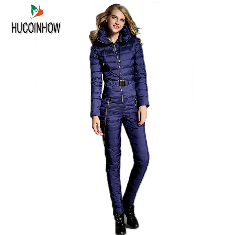 

Warm Thicker White Duck Down Women Winter Ski Clothing Winter Thick Suit Skiing Jacket Down Pants Female Siamese Parka Outerwear