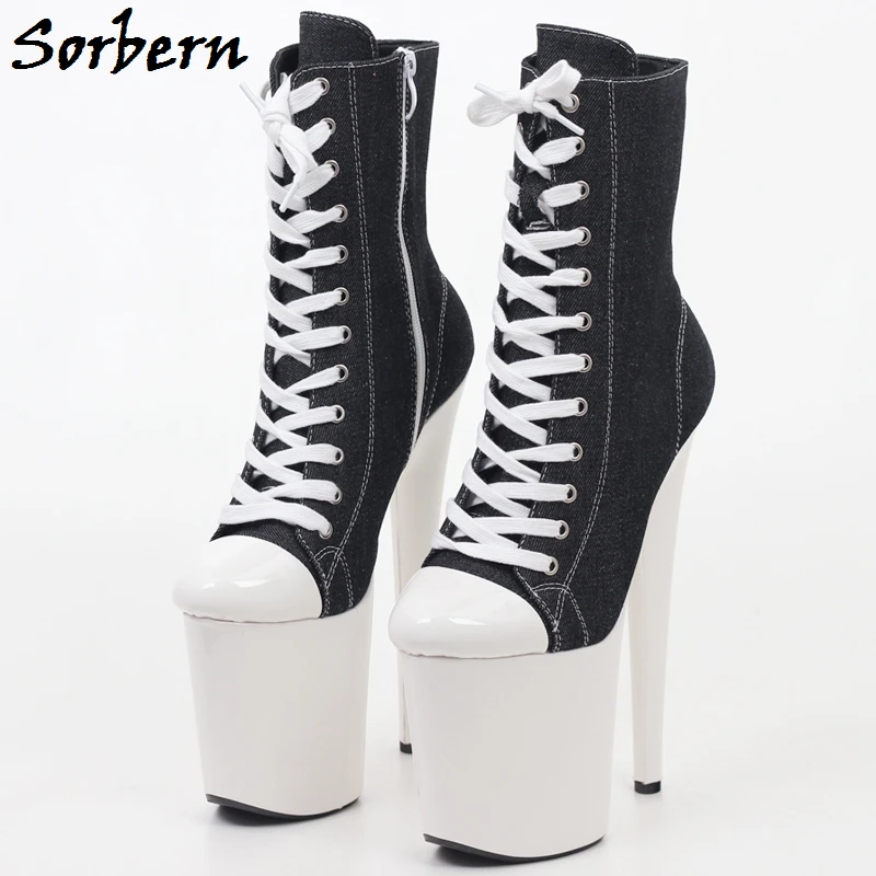 Sorbern Black Ankle Boots For Women Jeans 20Cm High Heels Black Ladies Short Boot Females Custom Colors 15Cm 17Cm Lace Up